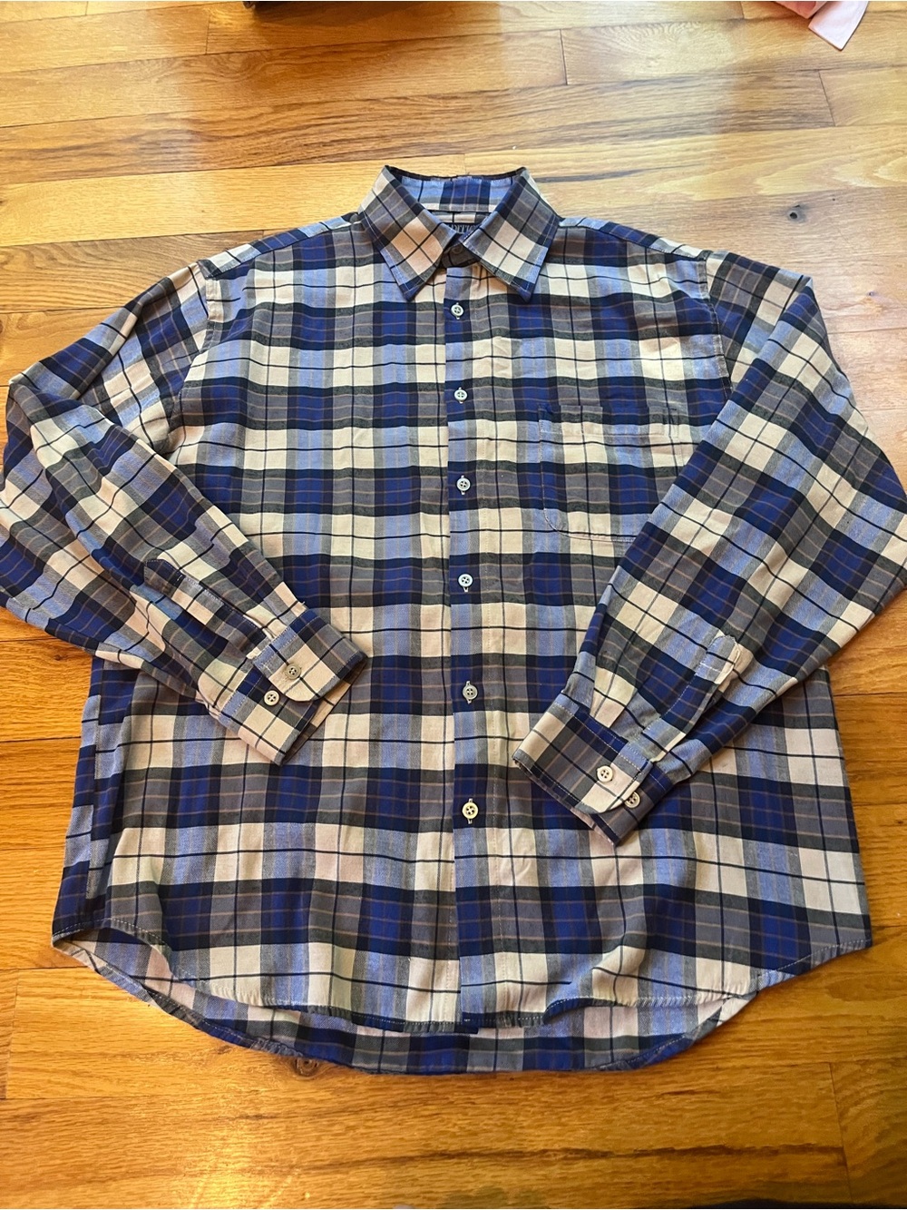 Men's Blue and Cream Plaid Button-Down Shirt